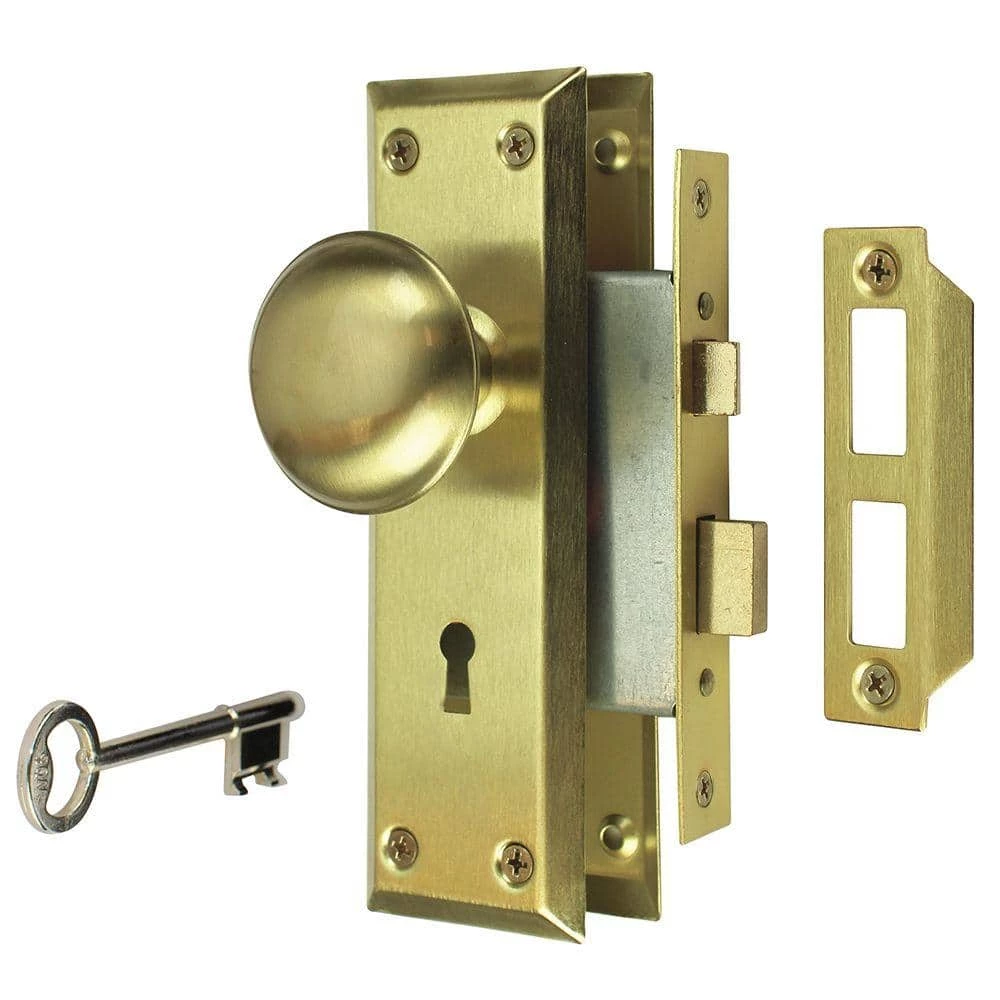 Defiant 2 in. Satin Brass Victorian Door Knob Mortise Lock Set 3 Defiant 2 in. Satin Brass Victorian Door Knob Mortise Lock Set